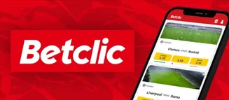 Aposta fácil e rápida com a app Betclic – acompanha os jogos em direto. Logótipo da Betclic com aplicação móvel a mostrar apostas ao vivo em jogos de futebol.